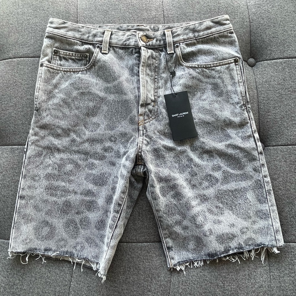 Saint Laurent Grey Leopard Print Bermuda Shorts, size 29
